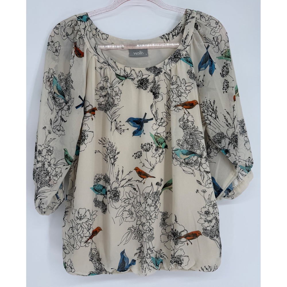 Wallis Womens Bird Floral Print Bubble Hem Blouse Cream‎ Blue Orange Sz S